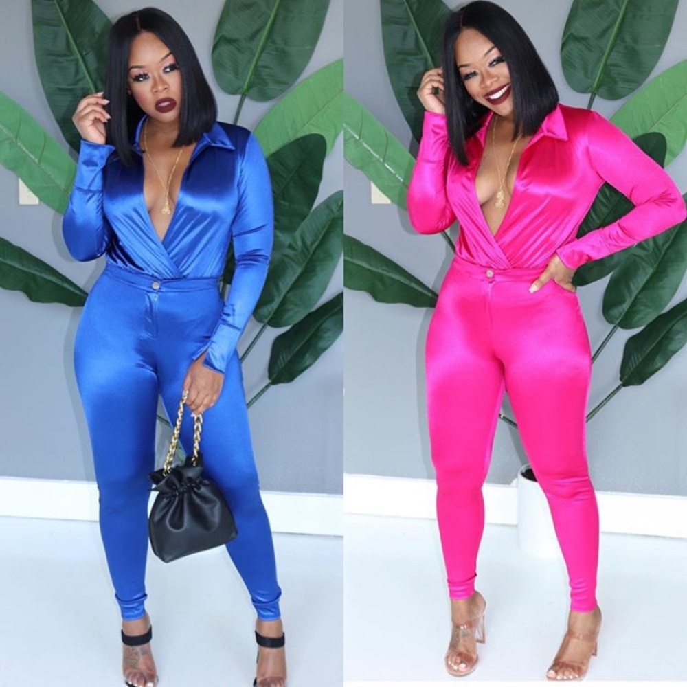 Blue Satin Bodysuit Set